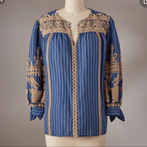 Sundance Inspired Artist Blue Striped Top Linen Women’s S - Picture 2 of 11